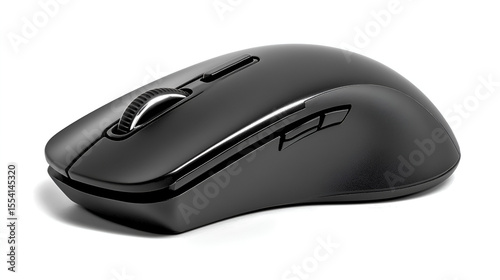 Black wireless computer mouse with scroll wheel and buttons, an isolated PC input device on a white background