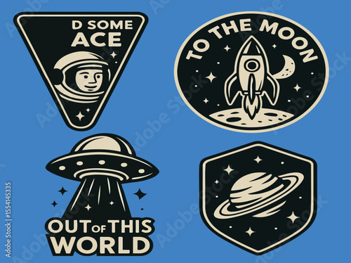 A collection of vintage space-themed badge illustrations with astronauts, rockets, planets, UFOs, and space exploration quotes. Perfect for stickers, patches, t-shirts, and other designs.