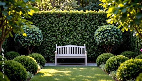 the image showcases a serene garden scene, dominated by a light colored wooden bench positioned in the center, behind the bench, a lush, dark green hedge forms a backdrop