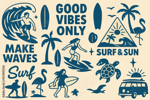Vector graphic set with a tropical surf and sun theme illustrations. Including phrases such as "Make Waves", "Surf & Sun", "Paradise Beach Club", and "Good Vibes Only". Ideal for t-shirt print, poster