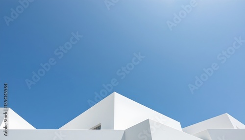 the image showcases a low angle perspective of minimalist architectural forms against a clear sky, the main subject consists of white, geometric structures