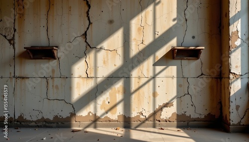 the image showcases an aging structure or wall with notable deterioration, the focal point is the weathered and cracked texture of the wall