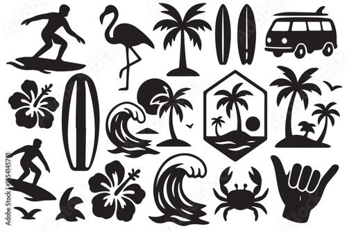 A tropical beach and surf-themed vector set with palm trees, waves, surfboards, a van, flamingos, and ocean elements in a bold black silhouette style. Perfect for t-shirt designs, and branding. 