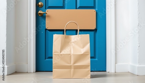 the image features a light brown paper bag centered in the foreground, the bag has handles of the same material and color, it sits on a neutral colored surface