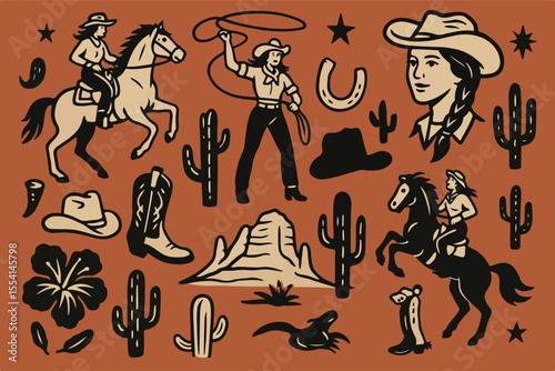 Vintage cowgirl riding and roping horses, perfect for Western-themed designs.
