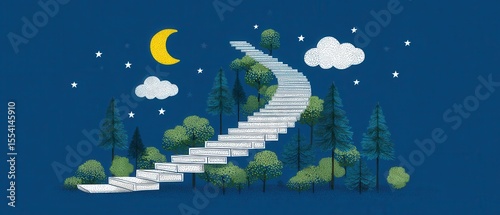 Journey of change milestone pathway through nature digital art nighttime surreal concept