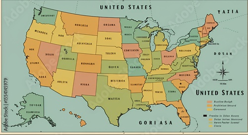 Vintage Map of the United States with Fictional Place Names and Regions