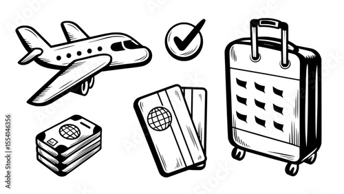 "Generate vacation and hotel booking icons in a simple line style: airplane, suitcase, calendar, booking confirmation, and passport."