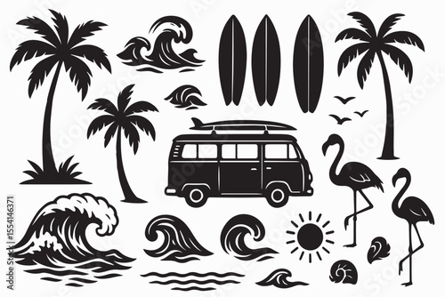 A tropical beach and surf-themed vector set with palm trees, waves, surfboards, a van, flamingos, and ocean elements with quotes, in a bold graphic style. Perfect for t-shirt prints, posters, stickers