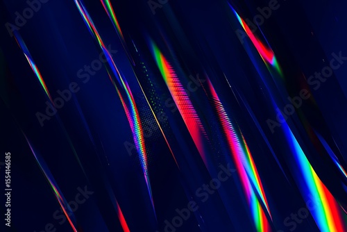Abstract dark background with diagonal iridescent rainbow light streaks and geometric patterns