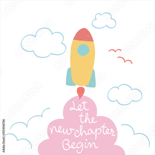 Rocket farewell card on cloud background