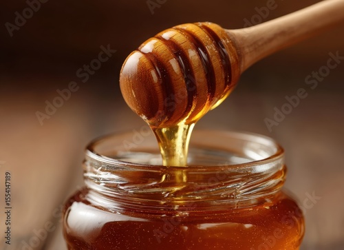 honey dripping from wooden stick into glass jar close-up
