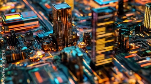 Detailed Close Up of a Futuristic Circuit Board with Blue and Orange Lights Computer Hardware and Intricate Microchip Designs for Technology
