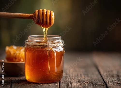 honey dripping from wooden stick into glass jar close-up