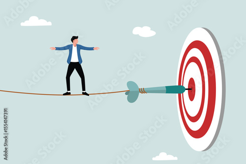 Challenge to overcome difficulty and achieve business target, risk management or strategy and skill to win and success concept, skillful businessman acro rope to reach bullseye dart target.