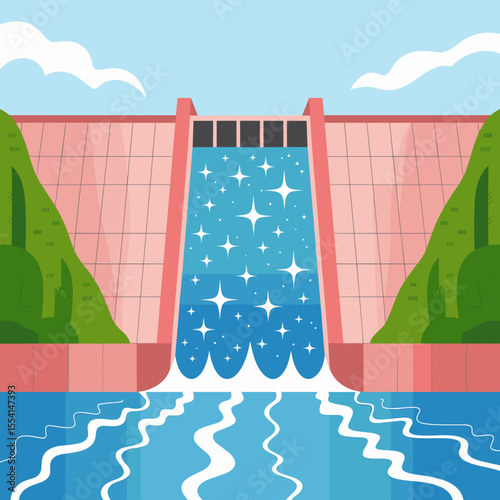 Colorful Hydroelectric Dam Landscape Illustration