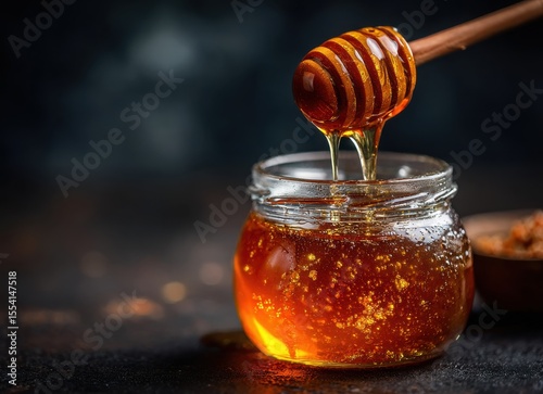honey dripping from wooden stick into glass jar close-up
