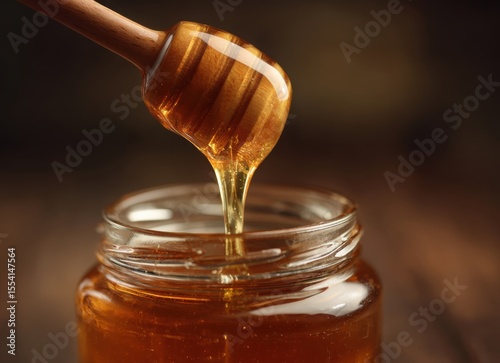 honey dripping from wooden stick into glass jar close-up