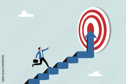 Reach target or progress to reach goal, career step to success, achievement or growth, challenge and motivation to succeed concept, businessman walking up stair with arrow as path to reach goal.