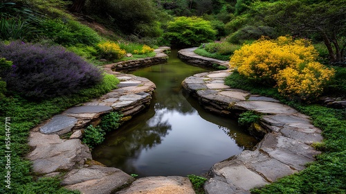 Serene nature path reflection botanical garden photography lush greenery aerial view tranquility and beauty