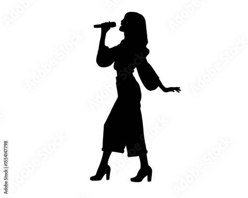 Silhouette of female singer singing, isolated icon on white background.	