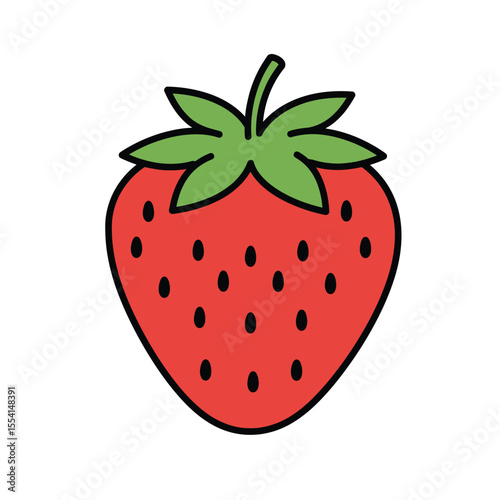 Fresh, ripe red strawberry fruit with a green leaf, isolated on a white background, perfect for a healthy summer dessert illustration