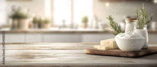 Wallpaper Mural Rustic Kitchen Still Life: Cheese, Cream, and Rosemary on Wooden Board Torontodigital.ca