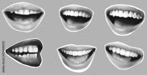 halftone collage of lips, teeth and tongue with smile Dotted pop art style. Contemporary vector illustration.