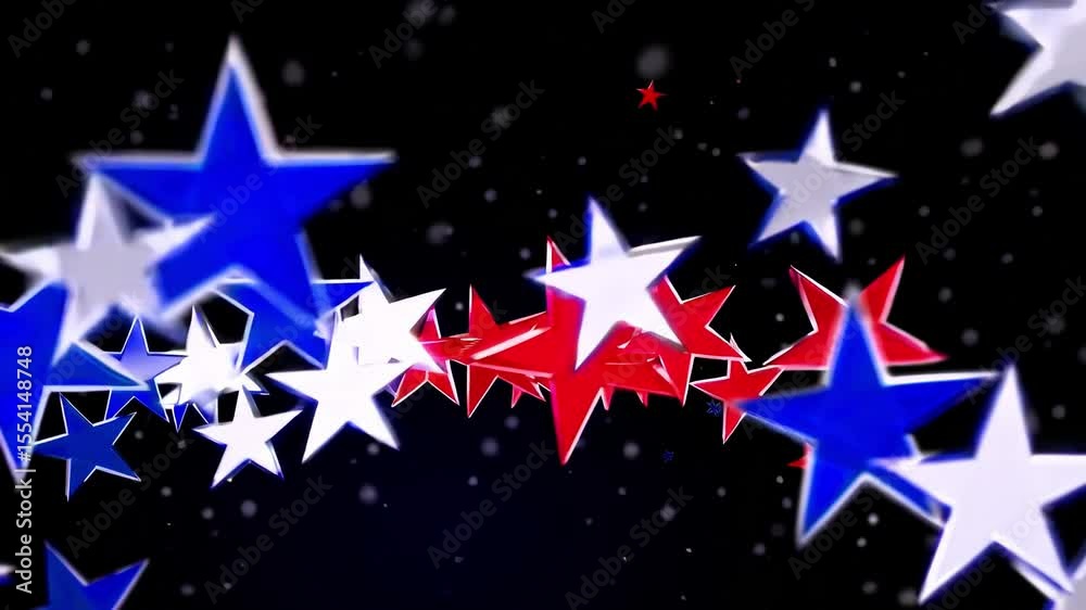 Dynamic movement of red, white, and blue stars on a black background