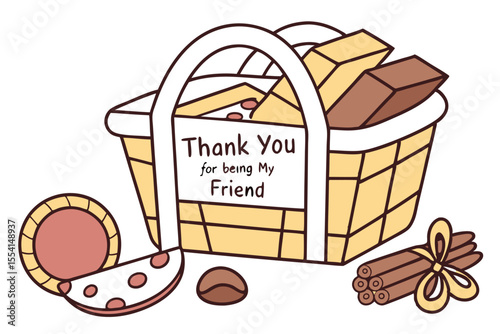 Artistic illustration of a gourmet food gift basket filled with assorted delicacies