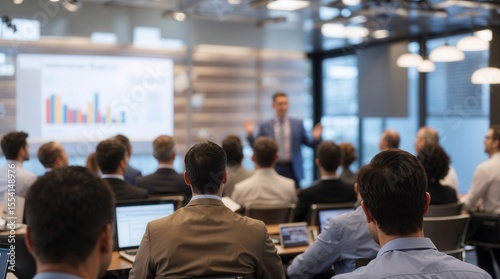 Business People Meeting and Working while Business Executive Lead Presenter Speaks to Group of Successful Technology Entrepreneurs. Consultant Advisor. Growth Training Lecture. Defocused Blurred