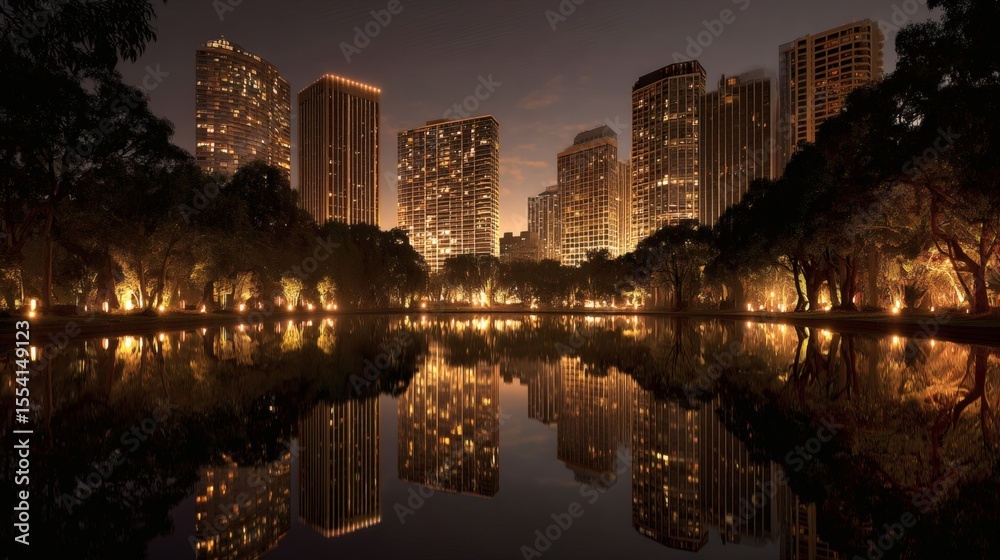 Naklejka premium Cityscape at Night Reflected in Pond