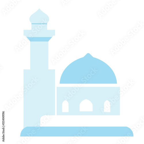 Flat minimalist mosque with one blue dome and a tall minaret, used for religious and festive Islamic themes like Eid or Ramadan.