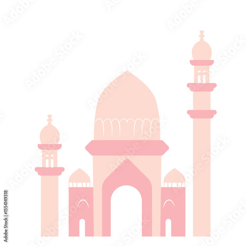 2D pastel pink mosque with two minarets and arched doorway, designed for Islamic events like Eid, Ramadan, and Muslim prayers.