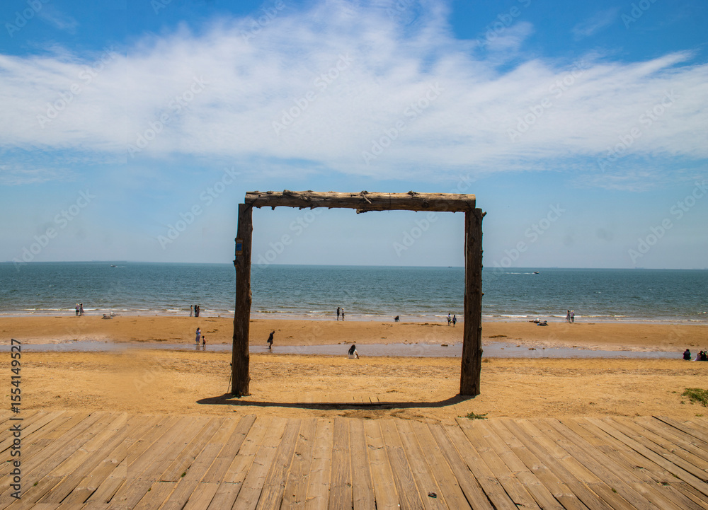 Seaside, beach, sea, wood, goal, frame, blue, vacation, leisure, frame composition, green, realistic, background, template Seaside, beach, sea, wood, goal, frame, blue, vacation, leisure, frame composition, green, realistic, background, template