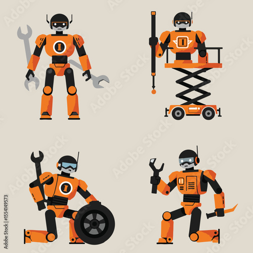 set minimalist geometric flat vector design of motorcycle mechanic robots
