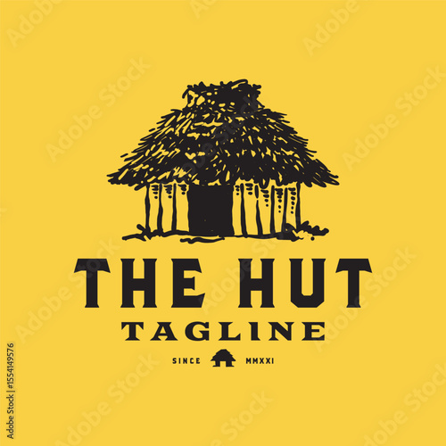 Simple silhouette of hut wood and straw roof building, small rural inland village traditional man-made house. Logo hand drawn for tourism or education business
