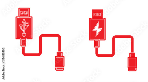Red USB icon, charging cable symbol, eps 10 on white background, vector illustration.


