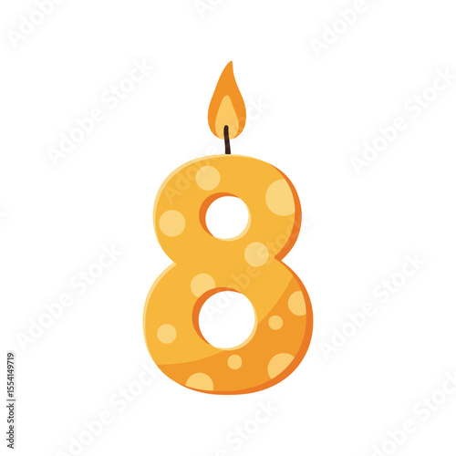 Flat Illustration of a Lit Number Eight Birthday Candle with Polka Dots on White Background
