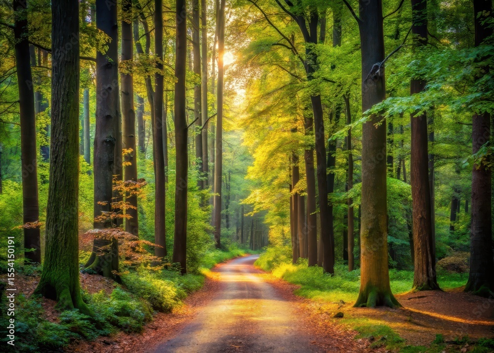 Obraz premium A winding forest path surrounded by tall trees and vibrant foliage leads to a tranquil clearing