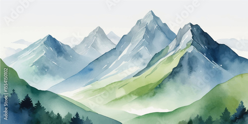 Panorama of a snowy mountain landscape under a blue sky with clouds