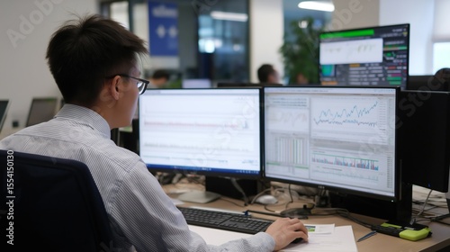 Professionals analyze data on multiple monitors while training machine learning algorithms focused on optimizing energy usage during work hours in a modern office
