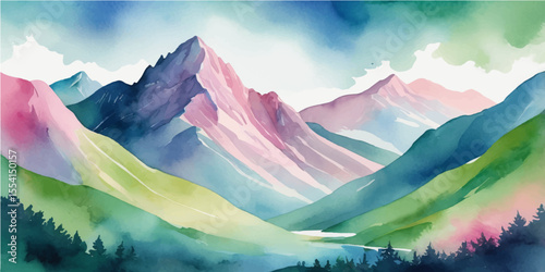 Vibrant mountain landscape at sunrise with a stunning rainbow arching across the sky, casting a beautiful view over the snow-capped peaks and misty valley