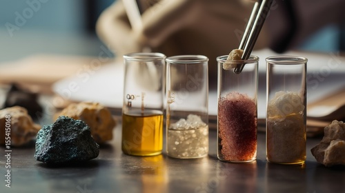 Laboratory professionals conduct analysis on various geothermal brine samples, examining minerals and chemical properties using precise techniques and instruments at a research facility