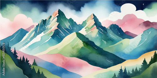 Sunset illuminates the serene mountain landscape, a beautiful panorama of peaks and valleys under a dramatic sky