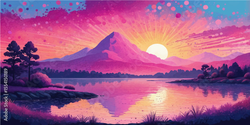 Golden light graces the tranquil lake as the sun dips behind the majestic mountains, casting a vibrant reflection across the water and sky
