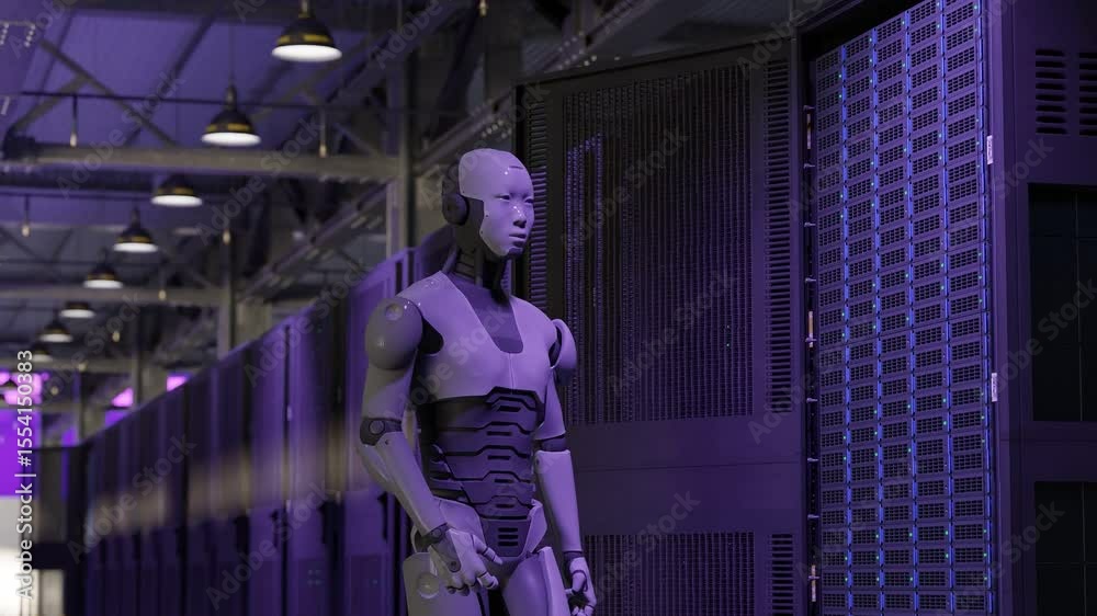 Robotics To Build Server Rack Humanoid robot standing in modern data center purple light corridor ...