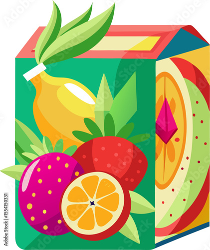 Bright vector illustration of exotic fruit tea packaging with white background.