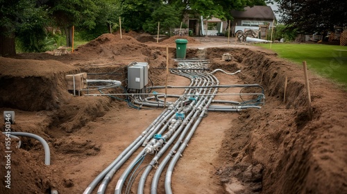 Ground loop piping installation is underway in a yard, with multiple pipes laid in a trench for residential geothermal heating