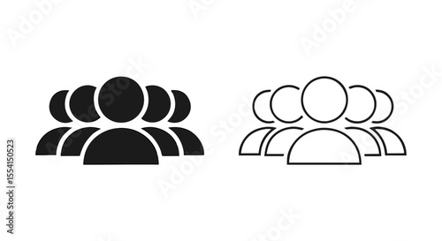 Solid vs. Outline People Groups: Icon Set for Teamwork or Social Concepts People Icons for Social Studies, Psychology, or Organizational Behavio  Black Solid vs. Outline Icons for Presentations Vector